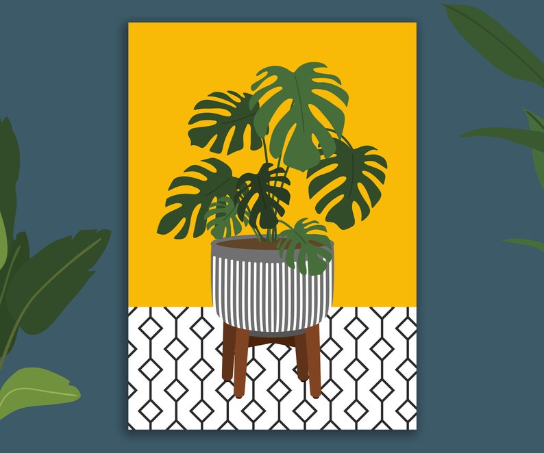 Monstera Leaf Art Print. Botanical House Plant Wall Art, Geometric Modern Plant Print, Grean Leaf & Ochre Mustard Yellow. Boho Style image 5