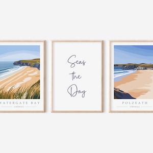 Set of 3 Cornwall Coastal Wall Art Prints, Watergate Bay and Polzeath Beach with Seas The Day Quote, Cornwall Surfing Travel Posters