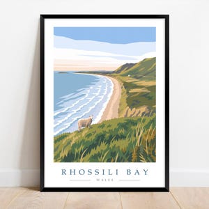 Reseposter med Rhossili Bay — Gowerhalvöns kusttryck, Wales modern minimalistisk väggkonst