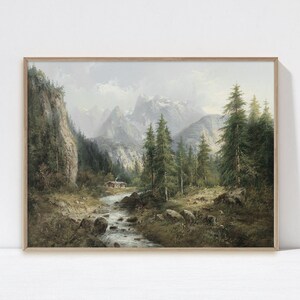 May include: A painting of a mountain landscape with a river flowing through it. The river is surrounded by trees and mountains. There is a small cabin in the distance.