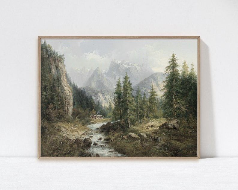 May include: A painting of a mountain landscape with a river flowing through it. The river is surrounded by trees and mountains. There is a small cabin in the distance.