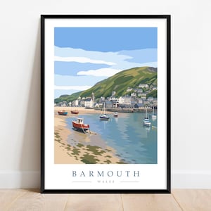 Barmouth reseaffisch — Kusthamnstryck, modern minimalistisk walesisk konst