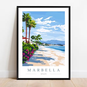 Póster de viaje de Marbella, póster de arte mural de la Costa del Sol, decoración de playa costera, regalo de Marbella, España