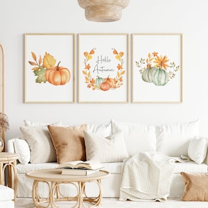 Set of 3 Hello Autumn Pumpkin Prints, Trio Design. Autumn Home Decor ...