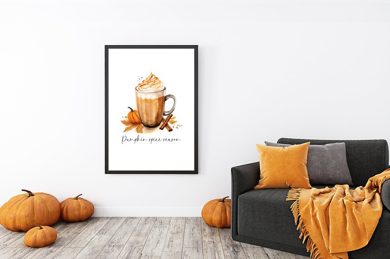 May include: A watercolor illustration of a pumpkin spice latte with whipped cream and cinnamon sticks. The text "Pumpkin Spice Season" is written below the latte.