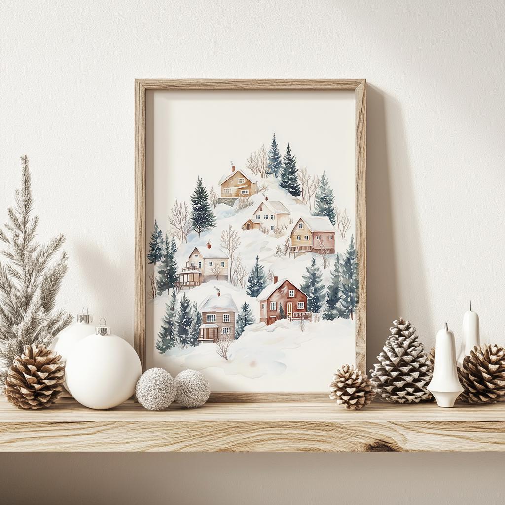 Christmas Winter Village Print. Rustic Vintage Winter Scene Wall Art ...