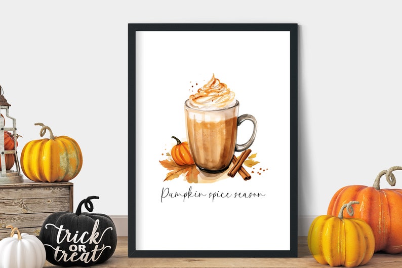 May include: A framed watercolor illustration of a pumpkin spice latte with whipped cream and a cinnamon stick. The text "Pumpkin spice season" is written below the latte.