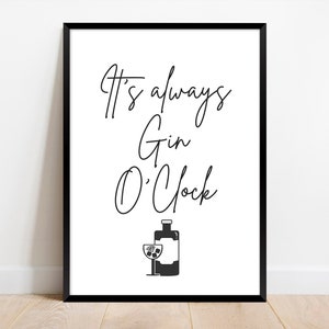 Gin Print. Gin Gifts For Her. Funny Kitchen or Bar Sign. Alcohol Prints. Gin oclock Poster. Bar Accessories. Room Decor Wall Art.