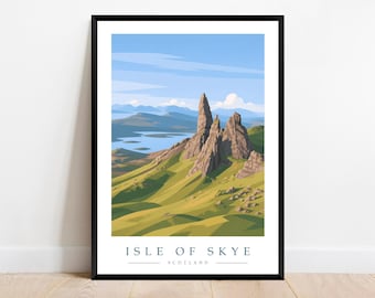 Isle of Skye Reiseplakat-Druck, Schottland, alter Mann des Storr-Drucks, moderne minimalistische Wandkunst