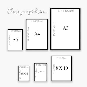 May include: A chart showing different print sizes in inches and centimeters. The sizes include 4x6, 5x7, 8x10, A5, A4, and A3.