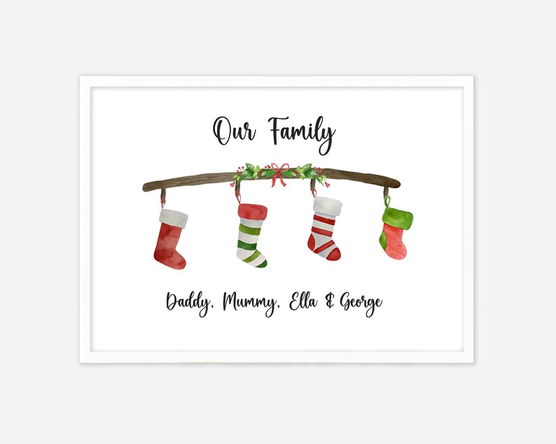 Personalised Christmas Stocking Print, 2-6 Names, Our Family Print. Christmas Wall Print, Christmas Decor. Custom Gift for Mum or Dad. image 6