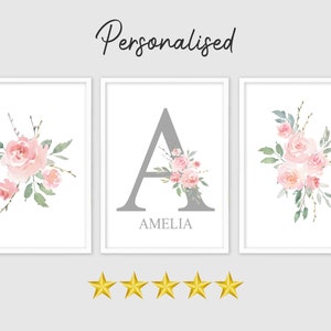 3er Set Initial Print Kinderzimmer Dekor personalisiert. Rosa Aquarell Wand-Kunst-Plakat. Baby Mädchen Neugeborene Geschenk. Jeder Name - Mädchen-Kinderzimmer-Dekor.