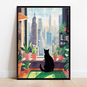 Impresión de arte mural de gato negro en Nueva York, póster de arte mural colorido, ilustración de Manhattan, horizonte de la ciudad de Nueva York, A1/A2/A3/A4/enmarcado o descarga digital