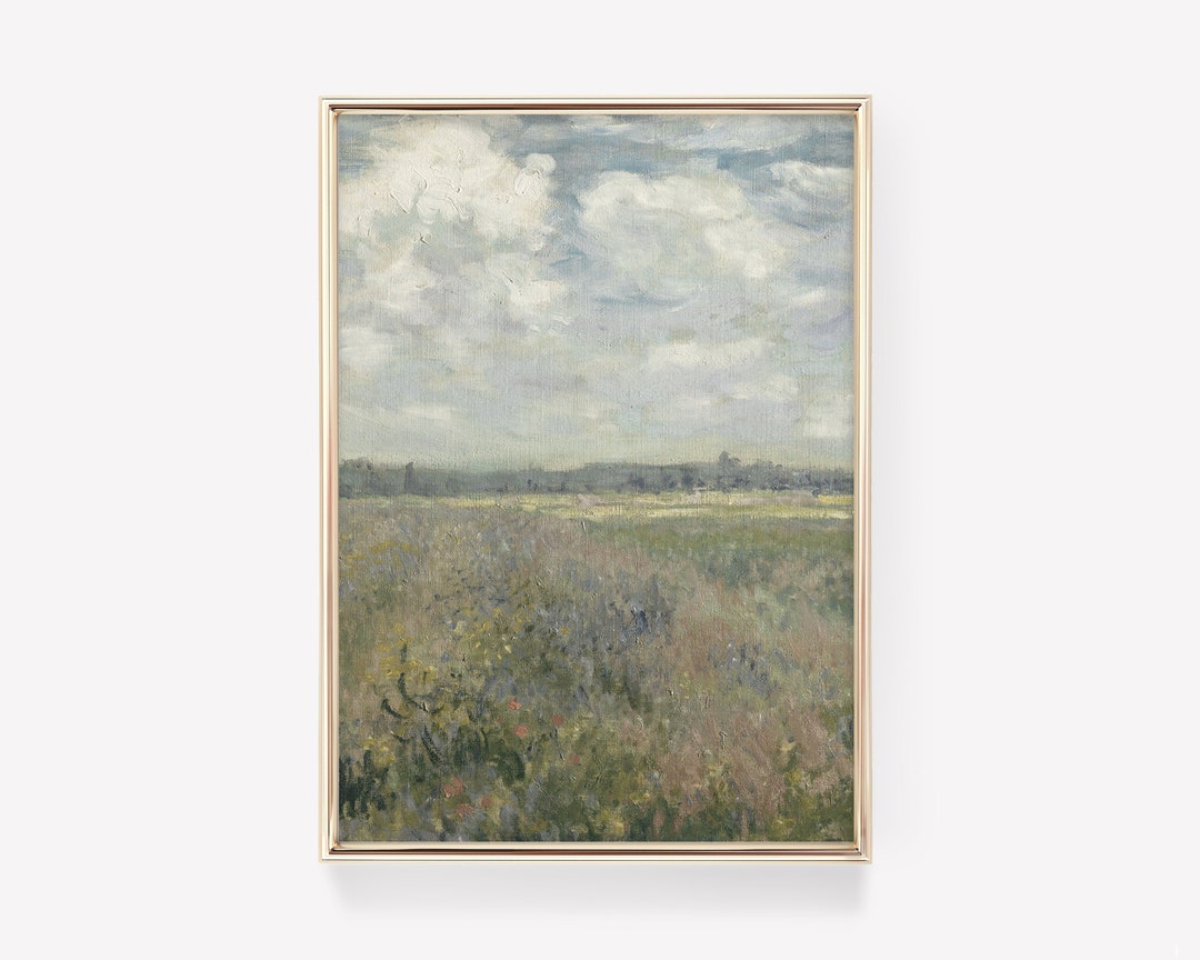 Vintage Frühlingswiese Gemälde, antikes Country Field