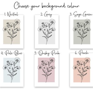 Pode incluir: Seis op&ccedil;&otilde;es de cores diferentes para uma impress&atilde;o de arte imprim&iacute;vel com um desenho de linha de um buqu&ecirc; de flores. As cores s&atilde;o neutro, cinza, verde-s&aacute;lvia, azul claro, rosa p&oacute; e p&ecirc;ssego.