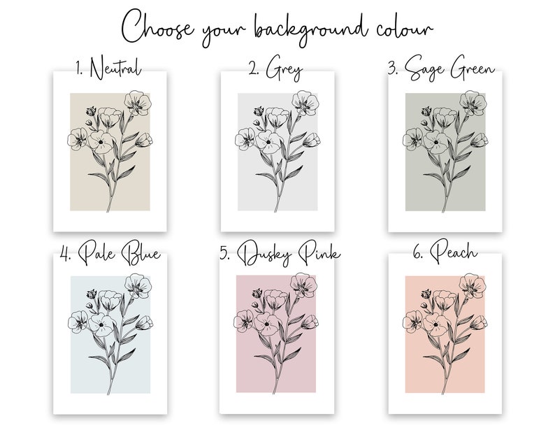 Pode incluir: Seis op&ccedil;&otilde;es de cores diferentes para uma impress&atilde;o de arte imprim&iacute;vel com um desenho de linha de um buqu&ecirc; de flores. As cores s&atilde;o neutro, cinza, verde-s&aacute;lvia, azul claro, rosa p&oacute; e p&ecirc;ssego.