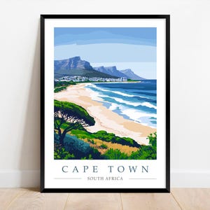 Kapstadt Reise Poster Druck, Südafrika Illustration, Wand Kunstwerk Geschenk, A4, A3, A5, gerahmt oder ungerahmt