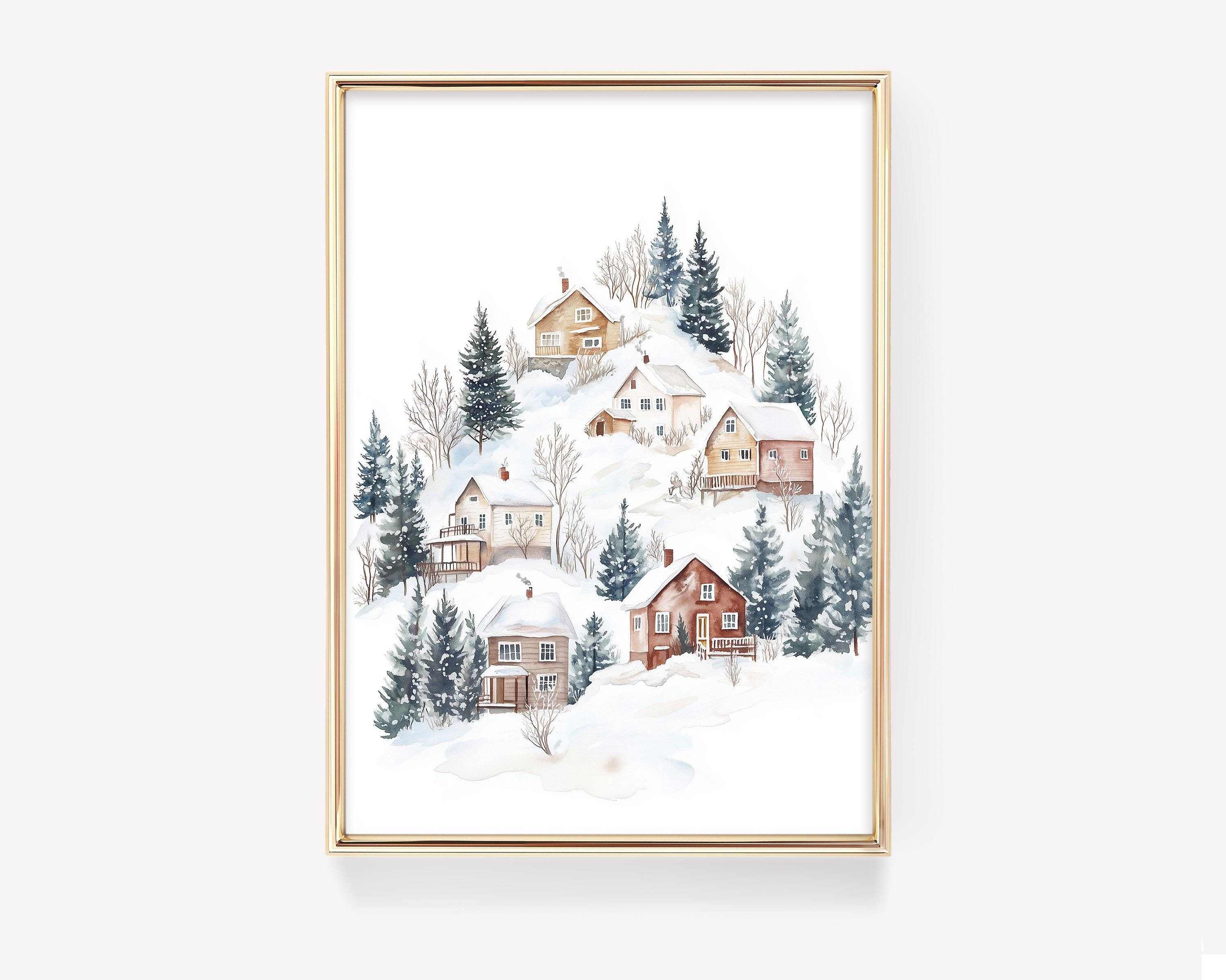 Christmas Winter Village Print. Rustic Vintage Winter Scene Wall Art ...