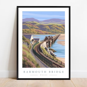 Barmouth järnvägsbro reseaffisch, Wales kust, modern minimalistisk väggkonst