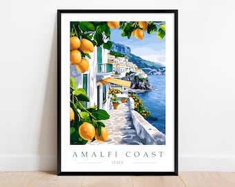Impression d'affiche de voyage sur la côte amalfitaine - Italie - Art italien - Art mural méditerranéen - Cadeau déco italien - Poster Amalfi