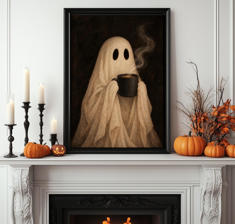 May include: A framed wall art print featuring a beige ghost draped in a sheet, holding a black mug with rising steam. The ghost has two dark oval eyes and is set against a dark background. The artwork is displayed on a white fireplace mantel.