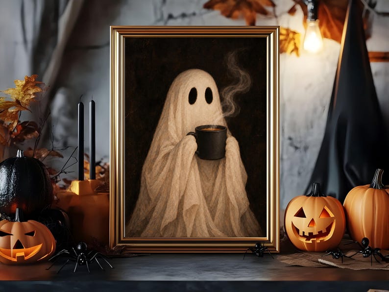 May include: A framed wall art print featuring a white ghost draped in a sheet, holding a black mug with rising steam. The ghost has two dark oval eyes and is set against a dark background. The frame is metallic gold with a simple border design.