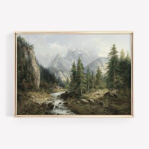 May include: A painting of a mountain landscape with a river flowing through a forest. The mountains are snow-capped and the trees are green. There is a small cabin in the distance.