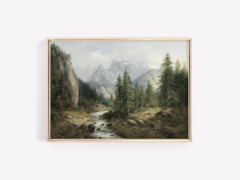 May include: A painting of a mountain landscape with a river flowing through a forest. The mountains are snow-capped and the trees are green. There is a small cabin in the distance.