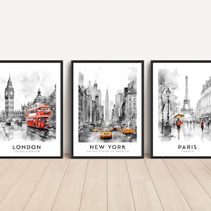 Stampe personalizzate di monumenti cittadini in bianco e nero, set di 3 poster di destinazioni di viaggio. Arte murale di Londra, New York e Parigi. Poster della capitale.