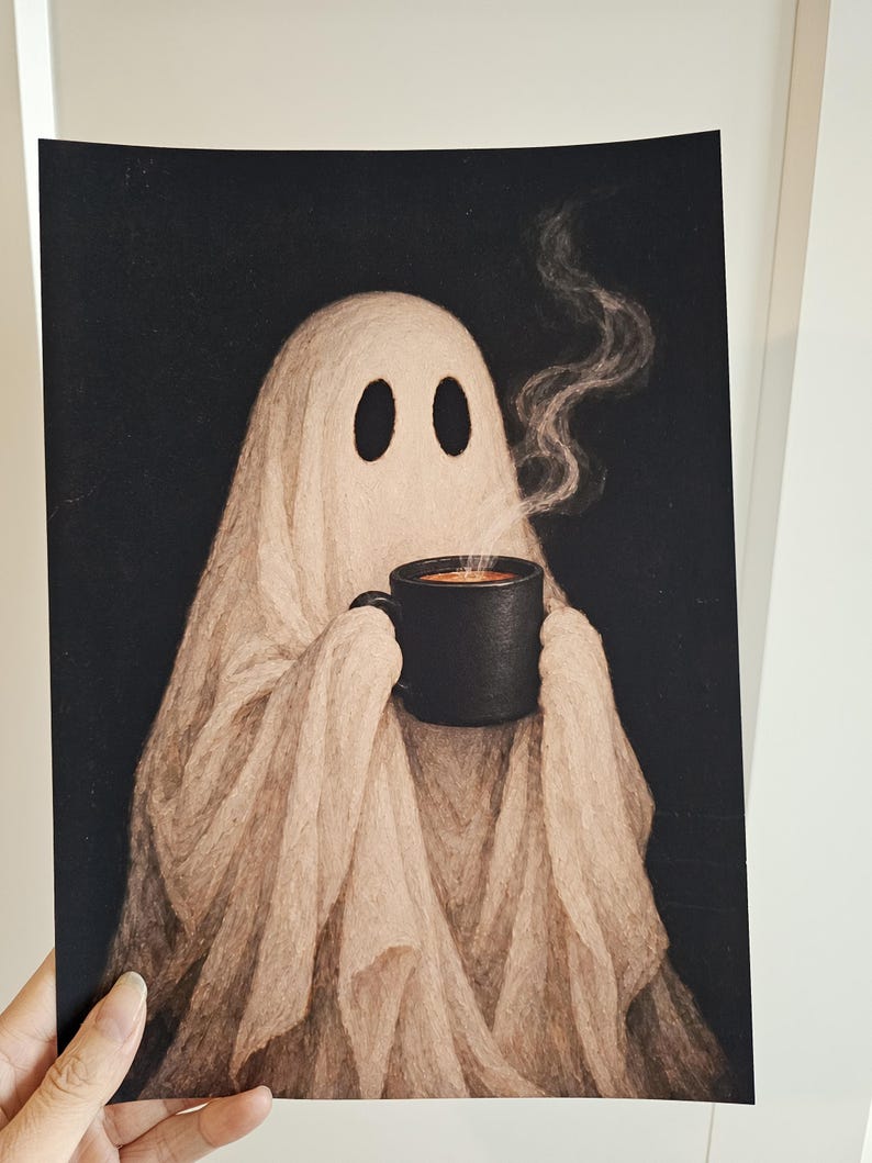 Vintage Ghost Coffee Print, Halloween Wall Art, Spooky Coffee bar Decor, Cozy Autumn Poster, Gothic Fall Art. Dark Moody Cottagecore. image 15