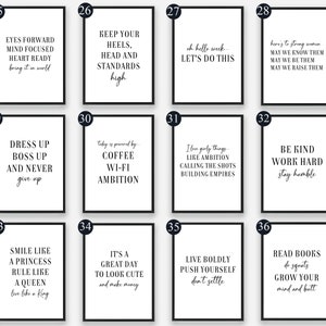 May include: A set of 10 printable wall art prints with inspirational quotes. The prints are black and white with a minimalist design. The quotes include: "Eyes forward mind focused heart ready bring it on world", "Keep your heels, head and standards high", "Oh hello week... Let's do this", "Here's to strong women may we know them may we be them may we raise them", "Dress up boss up and never give up", "Today is powered by coffee wi-fi ambition", "I love girly things... like ambition calling the shots building empires", "Be kind work hard stay humble", "Smile like a princess rule like a queen live like a king", "It's a great day to look cute and make money", "Live boldly push yourself don't settle", "Read books do squats grow your mind and butt".