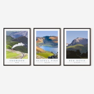 Set of 3 Mountain Peak Art Prints - Snowdon, Scafell Pike & Ben Nevis. Hiking, Rambling, Hill Walking Gift. 3 Peaks Challenge Travel Poster