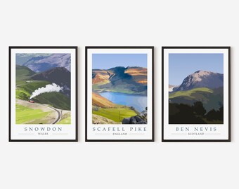 Set of 3 Mountain Peak Art Prints - Snowdon, Scafell Pike & Ben Nevis. Hiking, Rambling, Hill Walking Gift. 3 Peaks Challenge Travel Poster