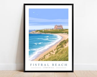 Fistral Beach Travel Poster Print, Cornwall, Newquay Surfer Wall Art