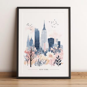 Póster con el horizonte de la ciudad de Nueva York, decoración de pared del Empire State Building, diseño floral rosa y azul, tamaño A4, tamaño A3, moderno, minimalista y a la moda.