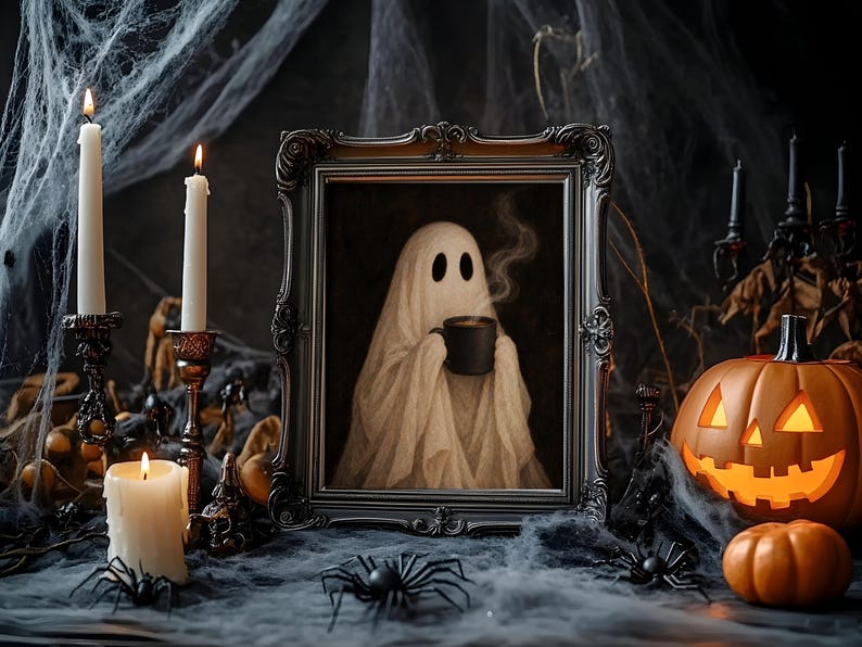 May include: A framed print featuring a white ghost draped in a sheet holding a steaming black mug. The ornate black frame sits among white candles, black plastic spiders, a carved orange jack-o'-lantern, and artificial spider webs.