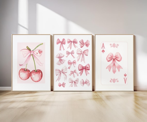 Set of 3 Pink Bows Wall Art. Trendy Dorm Prints. Preppy poster. College Apartment Decor, Watercolor Bows. Coquette Prints. Girly Wall Art.