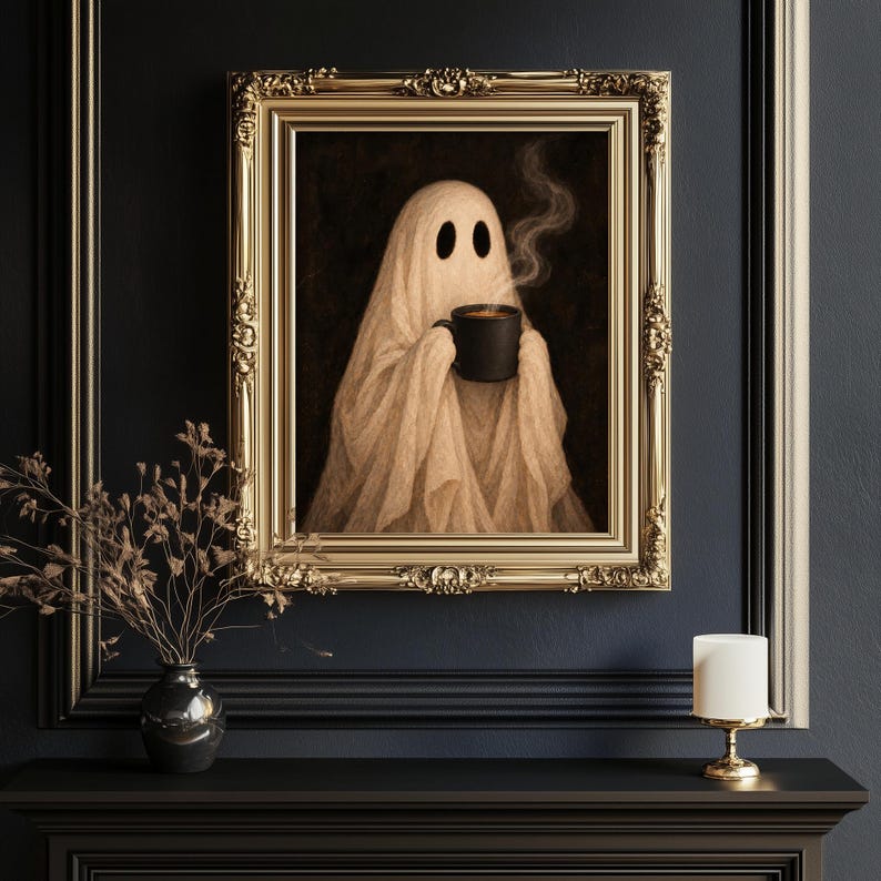 May include: A framed wall art print featuring a beige ghost figure draped in fabric, holding a black mug with rising steam. The artwork is encased in an ornate, metallic gold rectangular frame with intricate carved detailing on the edges.