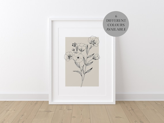 Botanical Neutral Wall Print, Flower Line Art Wall Prints, Plant Wall Art, Hand Drawn Flower Sketch, Bedroom Beige Home Decor, Neutral Home.