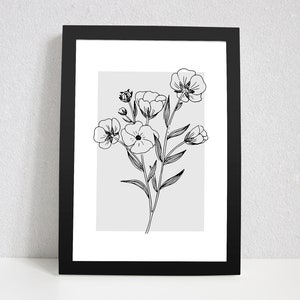 Pode incluir: Desenho de linha preto e branco de um buqu&ecirc; de flores em uma moldura simples. As flores s&atilde;o estilizadas e t&ecirc;m uma est&eacute;tica delicada e minimalista.