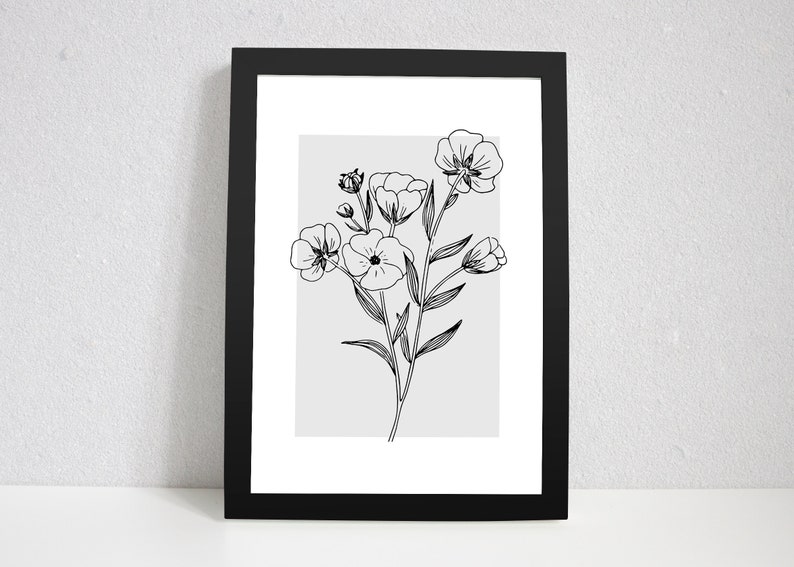 Pode incluir: Desenho de linha preto e branco de um buqu&ecirc; de flores em uma moldura simples. As flores s&atilde;o estilizadas e t&ecirc;m uma est&eacute;tica delicada e minimalista.