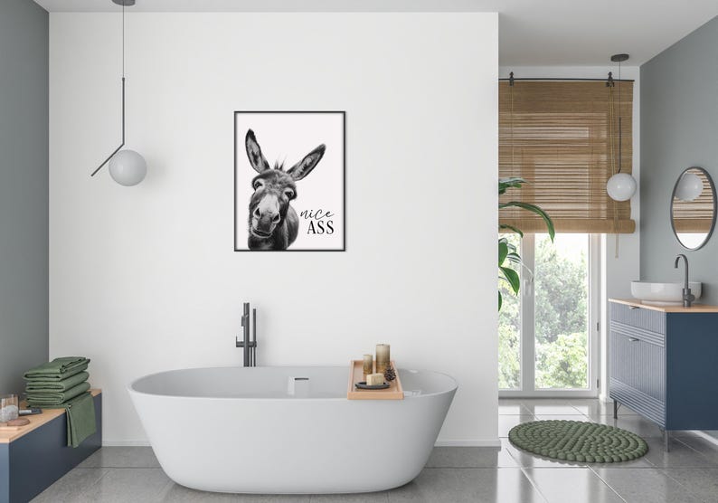 K&ouml;nnte beinhalten: Schwarz-Wei&szlig;-Druck eines Esels mit dem Text "nice ASS". Das Kunstwerk wird in einem modernen Badezimmer &uuml;ber einer wei&szlig;en Badewanne ausgestellt. Der Raum verf&uuml;gt auch &uuml;ber ein Fenster mit Jalousien.