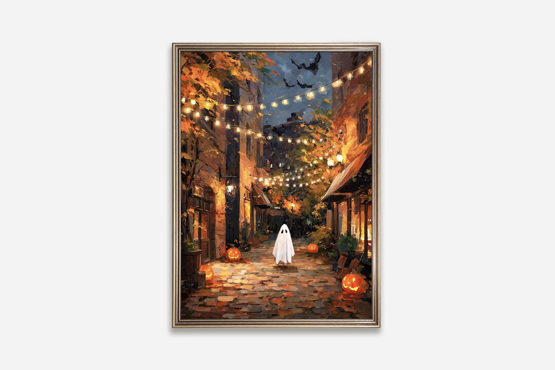 Ghost in Autumn Street. Halloween Art Print. Cozy Fall Decor. Spooky ...