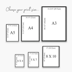 May include: A chart showing different print sizes in inches and centimeters. The sizes include 4x6, 5x7, 8x10, A5, A4, and A3.