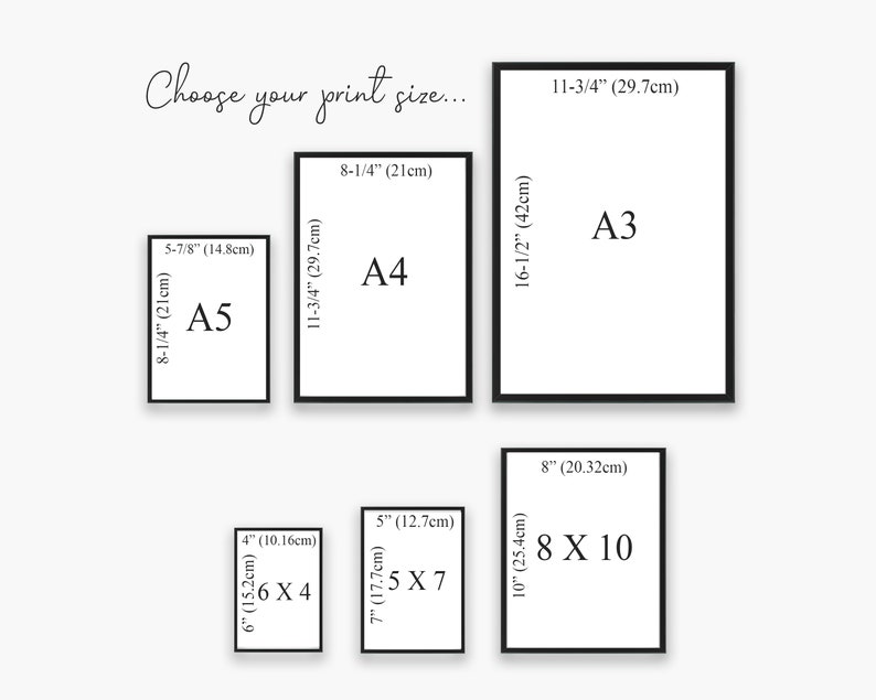 May include: A chart showing different print sizes in inches and centimeters. The sizes include 4x6, 5x7, 8x10, A5, A4, and A3.