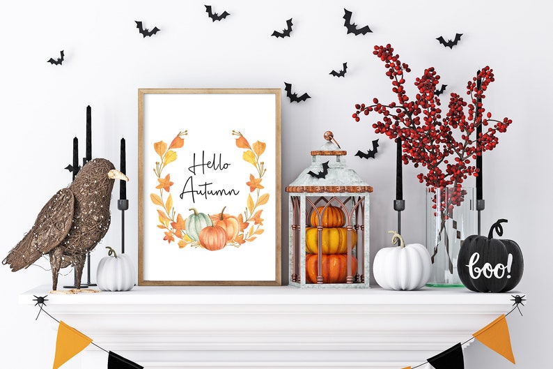 Hello Autumn Pumpkin Print, Autumn Home Decor Watercolour. Seasonal Decor Autumnal Prints. Autumnal Decorations. Fall Wall Art Sign. image 6