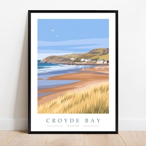 Croyde Bay Travel Poster Print, Devon Coast, Sandy Beach Print, Modern Minimalist Wall Art