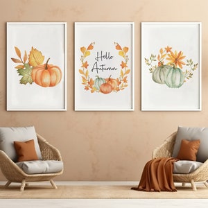 Set of 3 Hello Autumn Pumpkin Prints, Trio Design. Autumn Home Decor ...