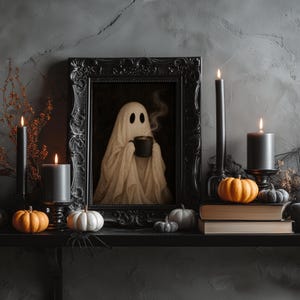 May include: A framed wall art print featuring a ghost holding a steaming mug, displayed on a shelf with black candles, orange and white pumpkins, and stacked books. The ornate black frame surrounds the illustration of the ghost in a sheet.