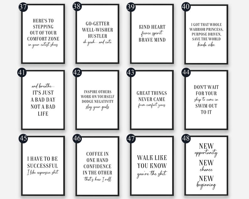 May include: A set of 10 printable wall art prints with motivational quotes in black text on a white background. The prints are numbered 37 through 48.